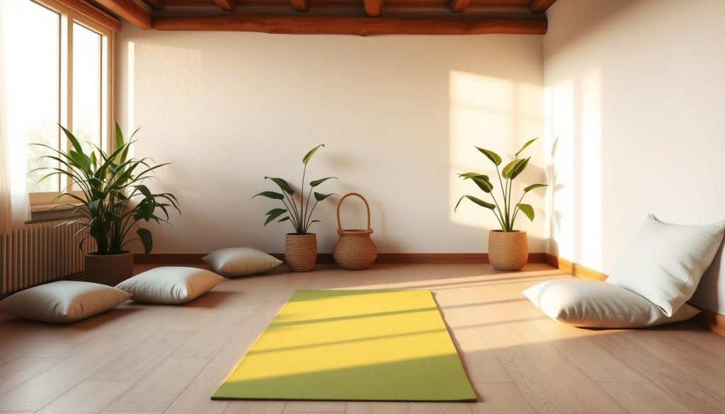 A comfortable, sunny room with a yoga mat in the middle.