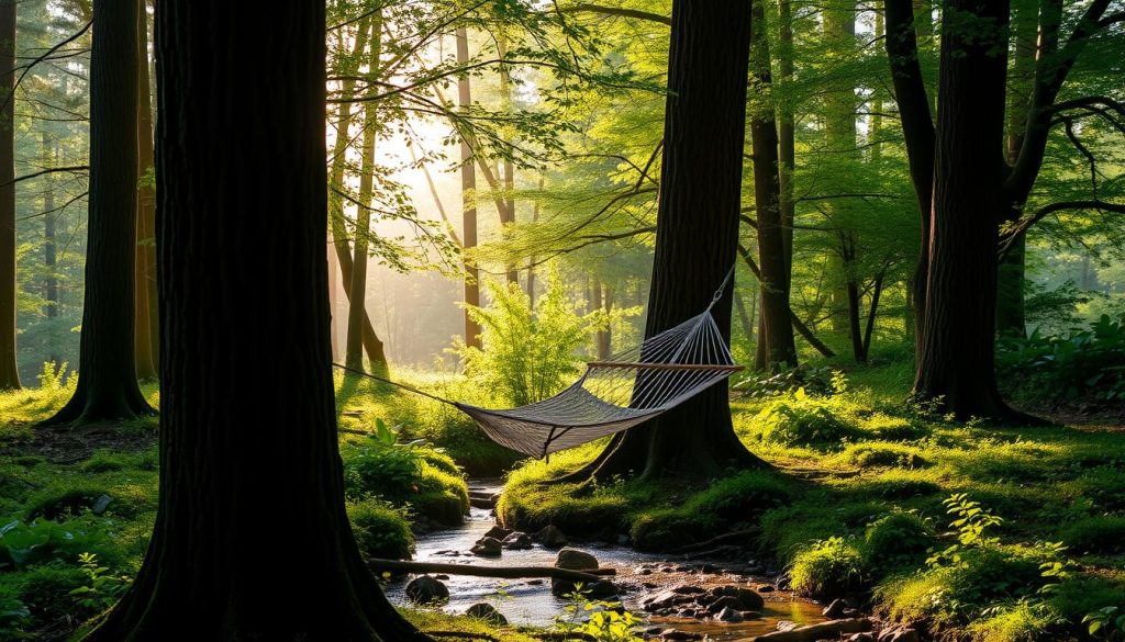 A hammock hanging from a couple trees in the forest over a stream.