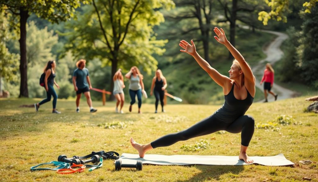 Woman doing yoga in the park while others do various activities behind her.